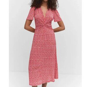 Mango Red Floral Twist-Front Midi Dress